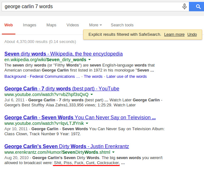 Google SafeSearch, george carlin seven words